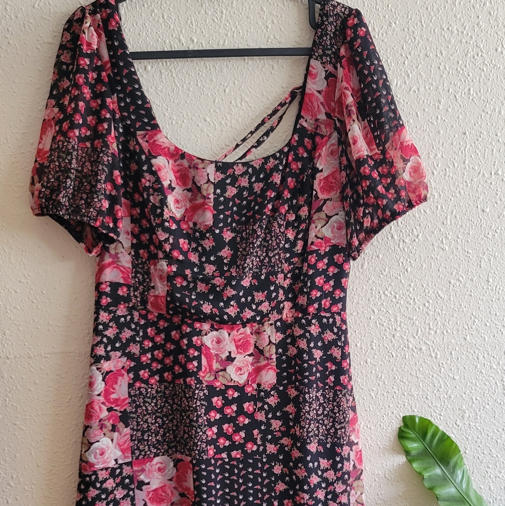 Floral Patchwork Dress - Black and RED